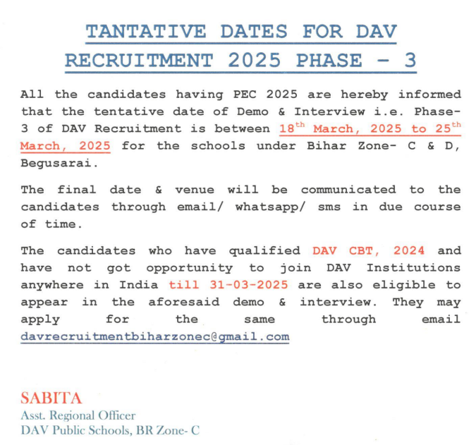 TENTATIVE DATE FOR 3RD PHASE OF DAV RECRUITMENT 2025